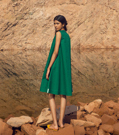 Green Sleeveless Mini Dress at Kamakhyaa by Khara Kapas. This item is 32 Days, Earth Party, Green, Mini Dresses, Natural, Poplin, Relaxed Fit, Resort Wear, Sleeveless Dresses, Solid Selfmade, Solids, Womenswear