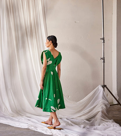 Green Sleeveless Mulmul Cotton Dress at Kamakhyaa by Khara Kapas. This item is An Indian Summer, Casual Wear, Dresses, Green, Mulmul cotton, Organic, Prints, Womenswear