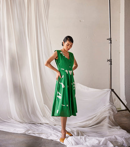 Green Sleeveless Mulmul Cotton Dress at Kamakhyaa by Khara Kapas. This item is An Indian Summer, Casual Wear, Dresses, Green, Mulmul cotton, Organic, Prints, Womenswear