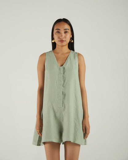 Green Sleeveless Olive Jumpsuit at Kamakhyaa by Reistor. This item is Bemberg, Best Selling, Casual Wear, Grey, Hemp, Jumpsuits, Natural, Regular Fit, rompers, Solids, Womenswear