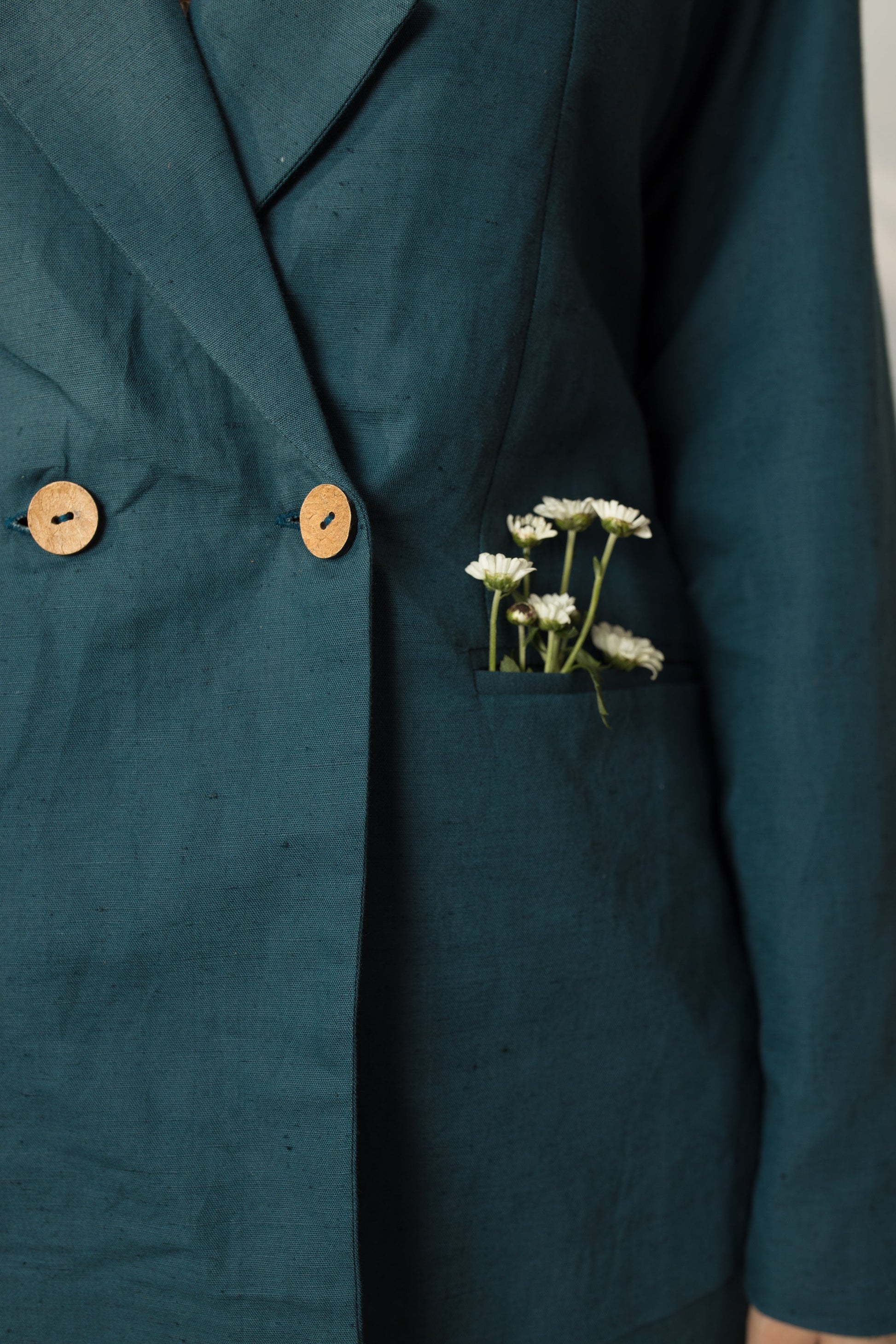 Green Solid Blazer with Buttons at Kamakhyaa by Anushé Pirani. This item is Buttons, Cotton Hemp, Green, Jackets, Nostalgic Whispers, Slim Fit, solid, Womenswear