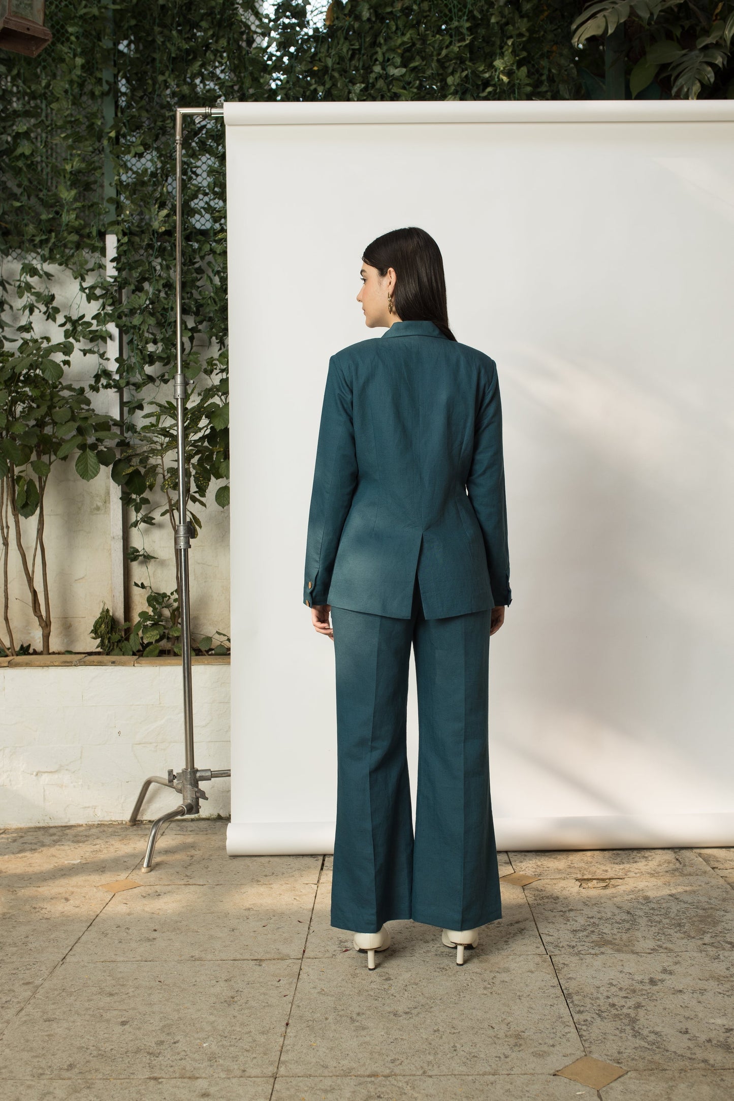 Green Solid Blazer with Buttons at Kamakhyaa by Anushé Pirani. This item is Buttons, Cotton Hemp, Green, Jackets, Nostalgic Whispers, Slim Fit, solid, Womenswear