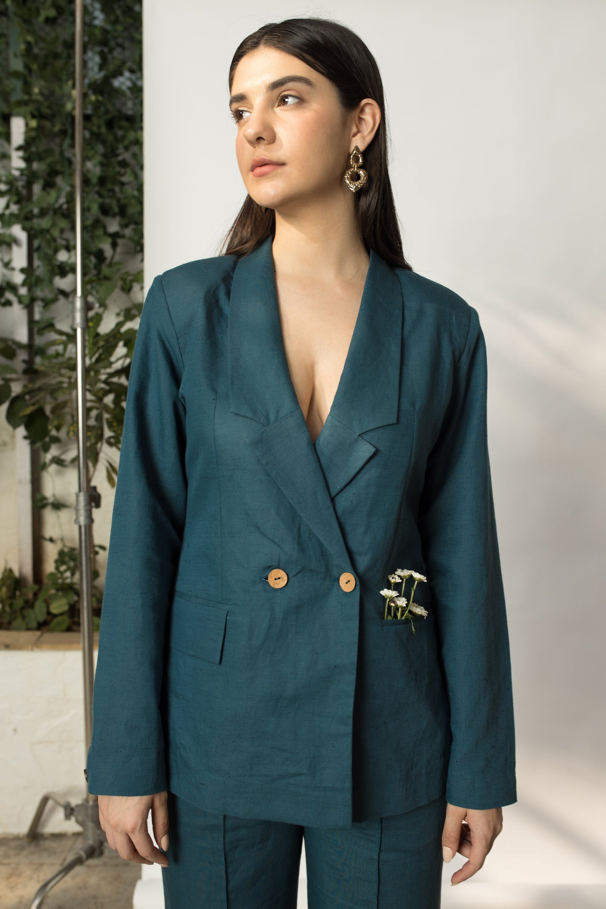 Green Solid Blazer with Buttons at Kamakhyaa by Anushé Pirani. This item is Buttons, Cotton Hemp, Green, Jackets, Nostalgic Whispers, Slim Fit, solid, Womenswear