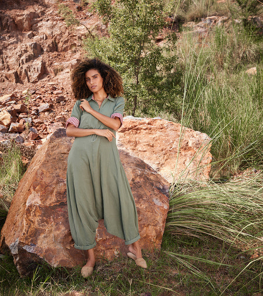 Green Solid Jumpsuit at Kamakhyaa by Khara Kapas. This item is Casual Wear, Double Weave Cotton, Green, Jumpsuits, Organic, Regular Fit, Solids, Under The Autumn Moon A/W 2022, Womenswear
