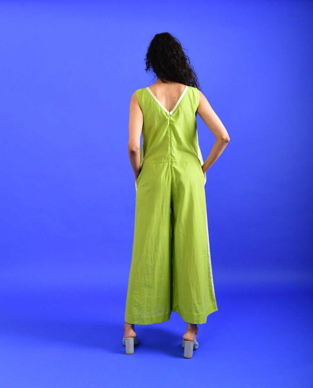 Green Solid Jumpsuit at Kamakhyaa by Rias Jaipur. This item is 100% Organic Cotton, Casual Wear, Green, Handspun, Handwoven, Hue, Jumpsuits, Regular Fit, Stripes, Womenswear
