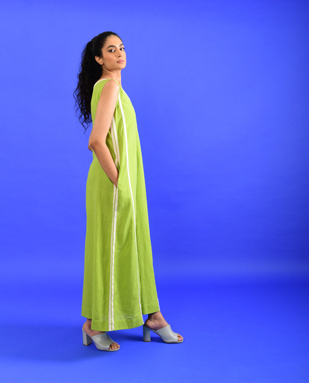 Green Solid Jumpsuit at Kamakhyaa by Rias Jaipur. This item is 100% Organic Cotton, Casual Wear, Green, Handspun, Handwoven, Hue, Jumpsuits, Regular Fit, Stripes, Womenswear