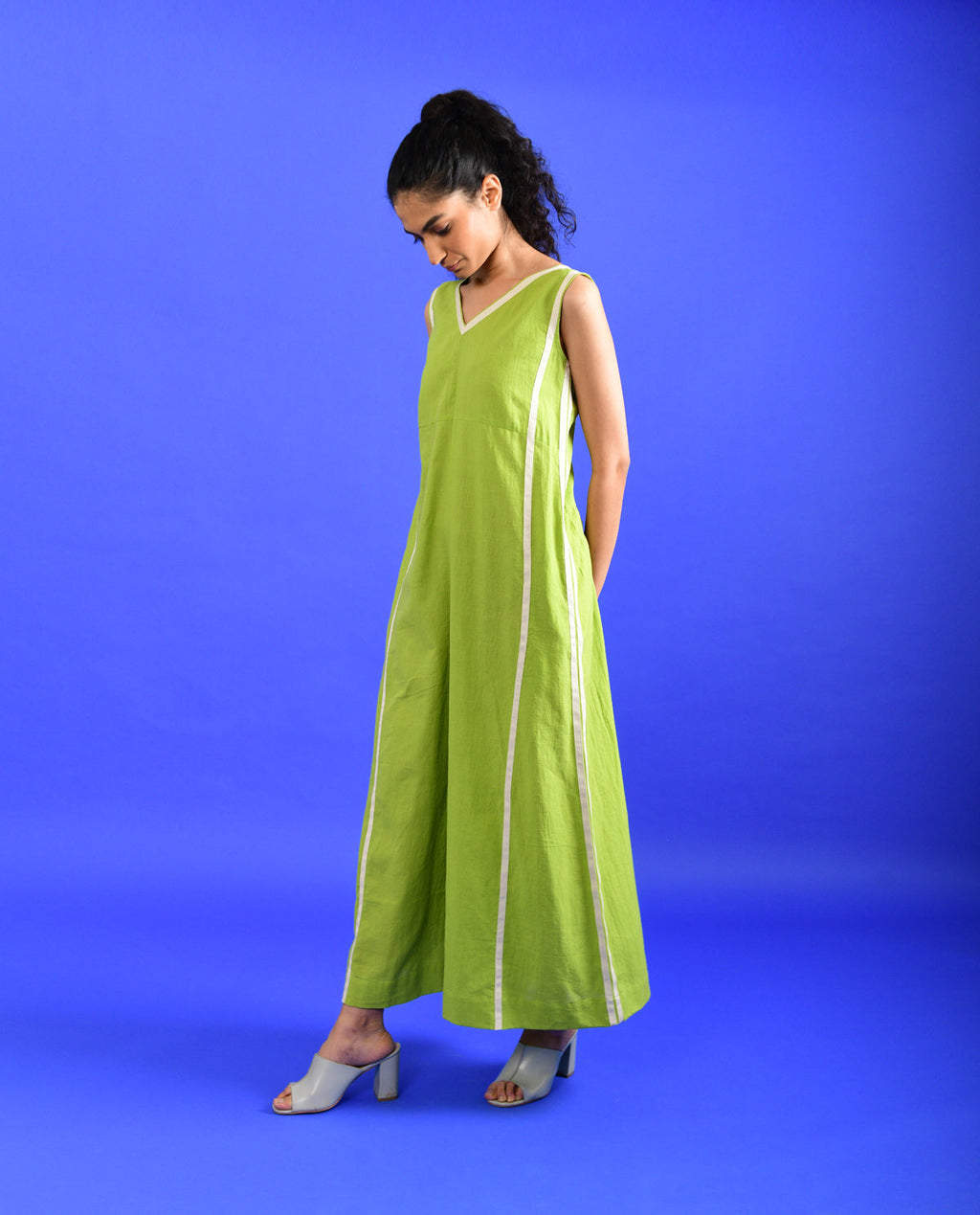 Green Solid Jumpsuit at Kamakhyaa by Rias Jaipur. This item is 100% Organic Cotton, Casual Wear, Green, Handspun, Handwoven, Hue, Jumpsuits, Regular Fit, Stripes, Womenswear