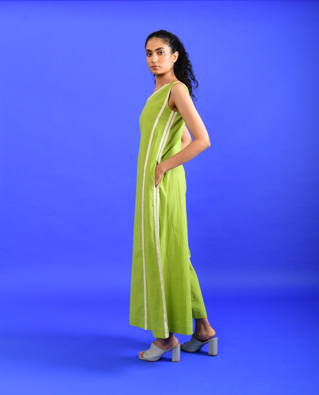Green Solid Jumpsuit at Kamakhyaa by Rias Jaipur. This item is 100% Organic Cotton, Casual Wear, Green, Handspun, Handwoven, Hue, Jumpsuits, Regular Fit, Stripes, Womenswear