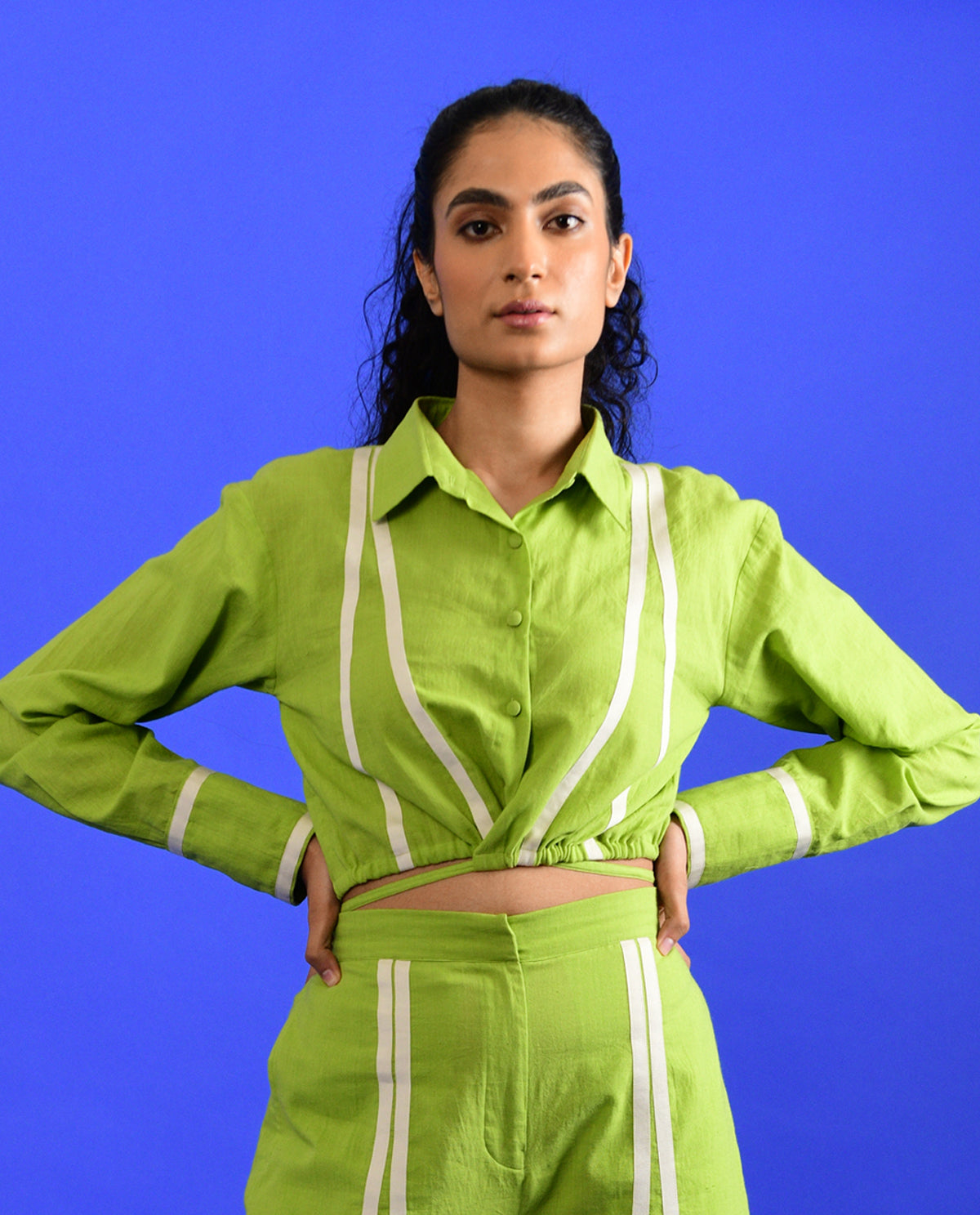 Green Tie Up Crop Top at Kamakhyaa by Rias Jaipur. This item is 100% Organic Cotton, Casual Wear, Crop Tops, Green, Handspun, Handwoven, Hue, Regular Fit, Solids, Stripes, Womenswear
