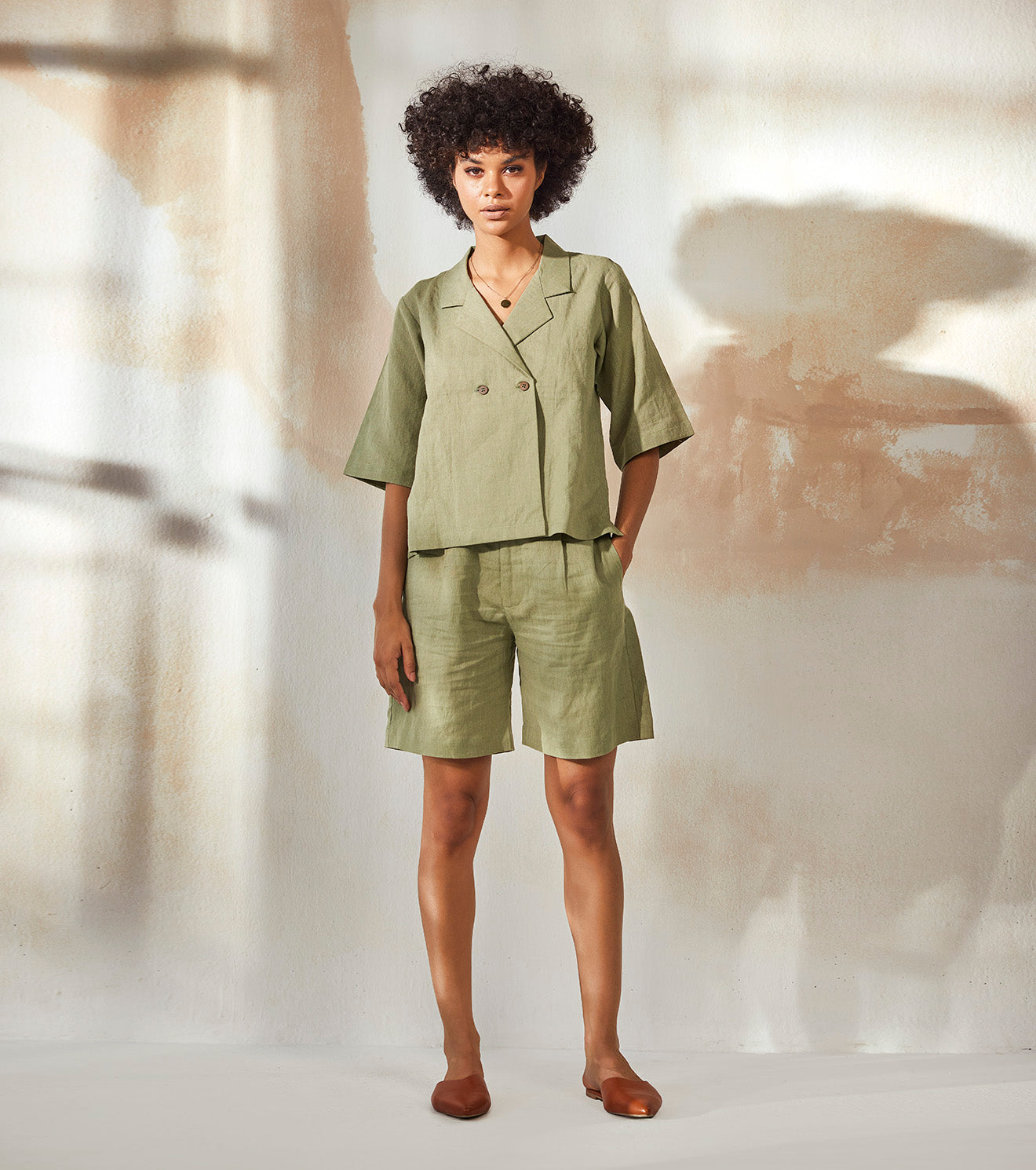 Green Top Short Sets at Kamakhyaa by Khara Kapas. This item is Co-ord Sets, Endless Summer, Fitted At Waist, For Siblings, Green, Linen, Natural, Resort Wear, Short Sets, Solids, Travel, Travel Co-ords, Womenswear