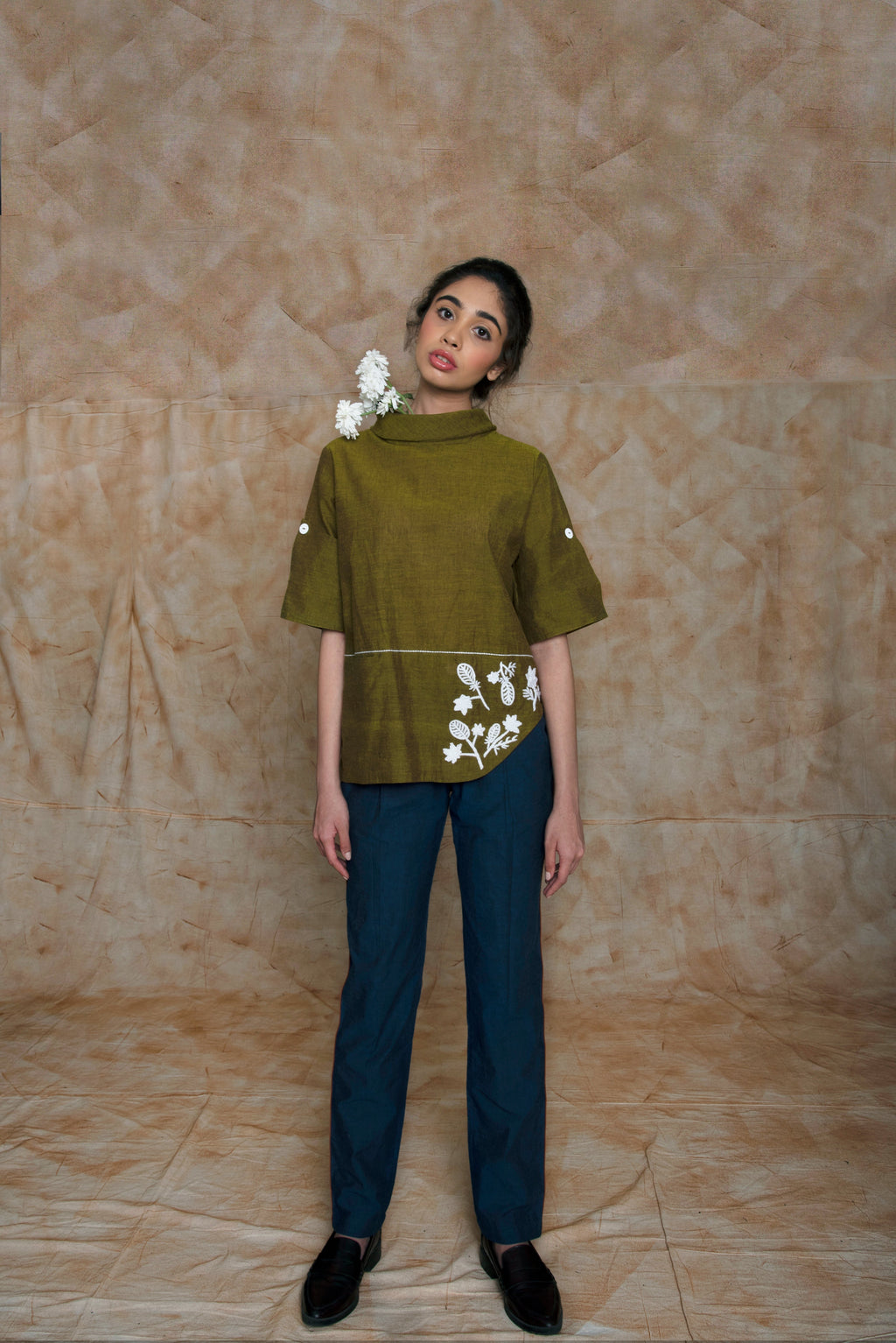 Green Tunic Top with embroidery at Kamakhyaa by Anushé Pirani. This item is Embroidered, Green, Handwoven Cotton, July Sale, July Sale 2023, Natural, Ocean of Stories, Office Wear, Regular Fit, sale anushe pirani, Shirts, Tops, Womenswear