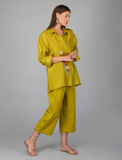Green Upara Silk Hand Embroidered Shirt at Kamakhyaa by Devyani Mehrotra. This item is Embroidered, Evening Wear, Green, Natural, Patchwork, Pre Spring 2023, Relaxed Fit, Shirts, Solids, Viscose, Womenswear