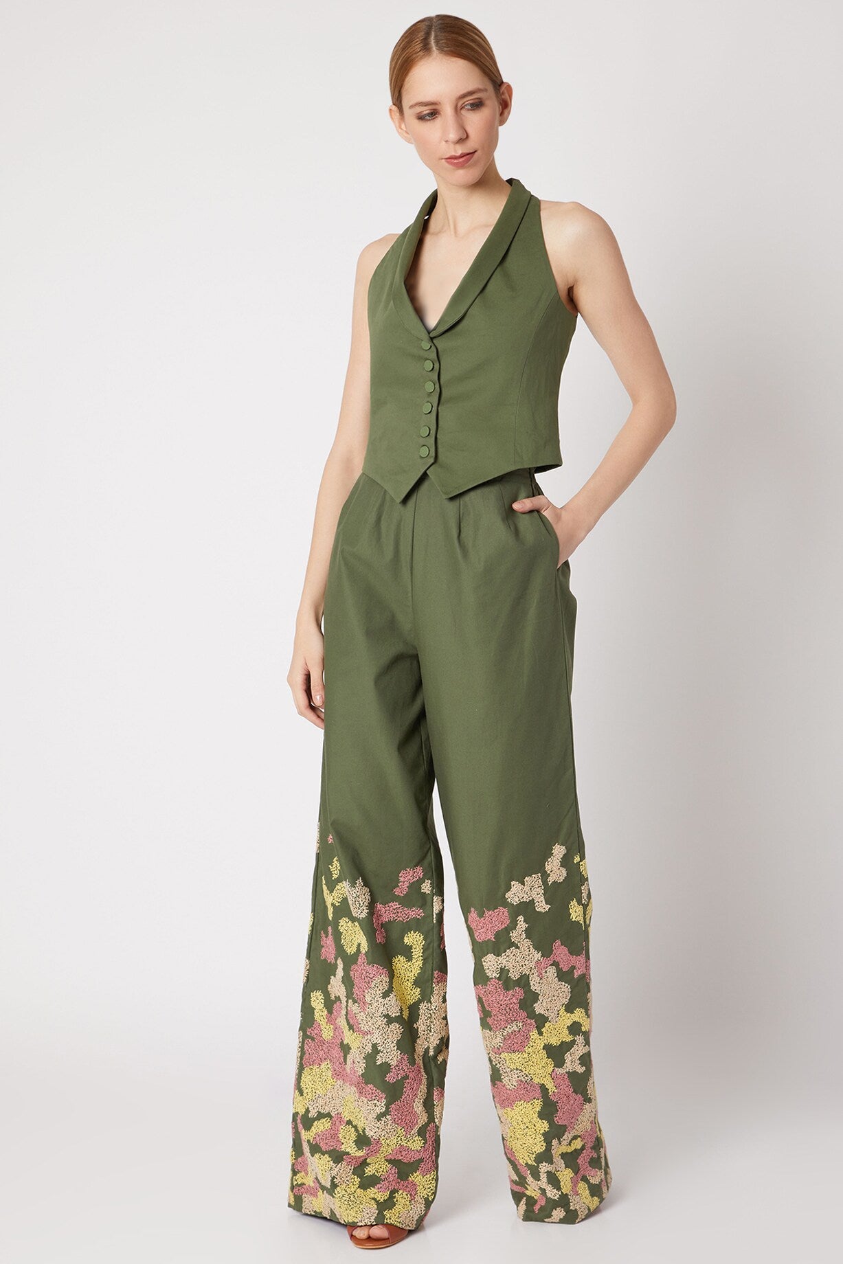 Green Waist Coat Complete Set at Kamakhyaa by Chambray & Co.. This item is Casual Wear, Co-ord Sets, Cotton, Green, Natural, Office, Office Wear Co-ords, Regular Fit, Solids, Womenswear