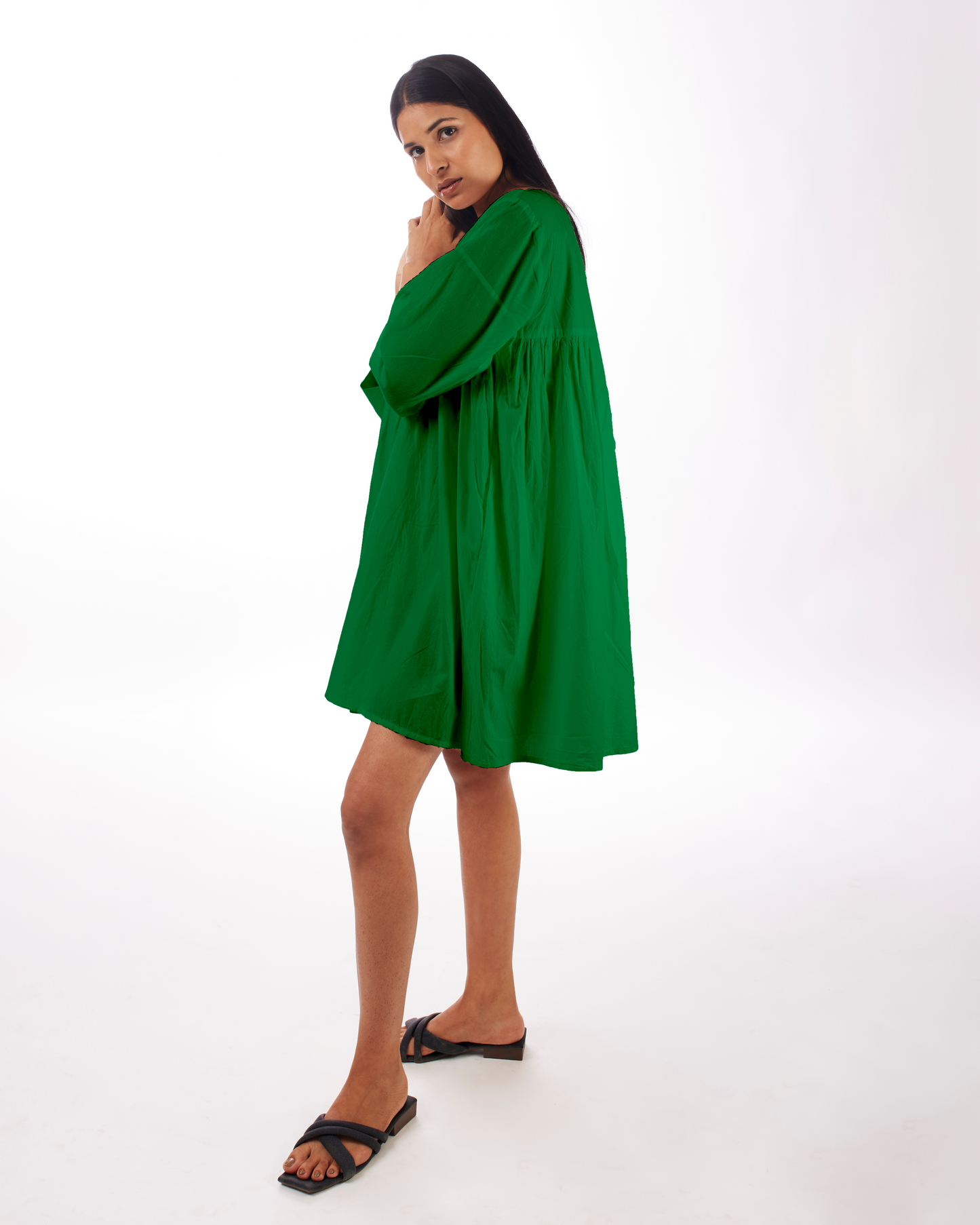 Green Yoke Mini Dress at Kamakhyaa by Kamakhyaa. This item is Casual Wear, Green, KKYSS, Mini Dresses, Natural, Relaxed Fit, Solids, Summer Sutra, Womenswear
