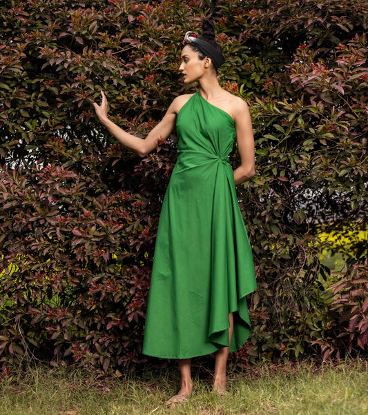 Green off shoulder Midi Dress at Kamakhyaa by Khara Kapas. This item is Green, Highend fashion, Lost & Found, Midi Dresses, Natural, One Shoulder Dresses, Poplin, Regular Fit, Resort Wear, Solid Selfmade, Solids, Womenswear