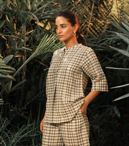 Grey And White Two Piece Set at Kamakhyaa by Khara Kapas. This item is Checks, Co-ord Sets, Cotton Khadi, Grey, Lost In paradise, Lounge Wear Co-ords, Natural, Relaxed Fit, Resort Wear, Solids, Travel Co-ords, Womenswear