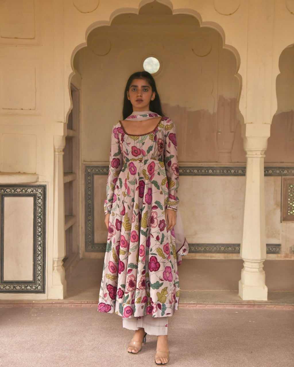 Grey Blooming Garden Kurta Set at Kamakhyaa by Taro. This item is Beads work, Best Selling, Chanderi Silk, Chiffon, Digital Print, Enchanted Garden, Evening Wear, Festive Wear, Fitted At Waist, Grey, Indian Wear, July Sale, July Sale 2023, Kurta Pant Sets, Kurta Set With Dupatta, Natural, Natural with azo free dyes, Sequin Work, Womenswear