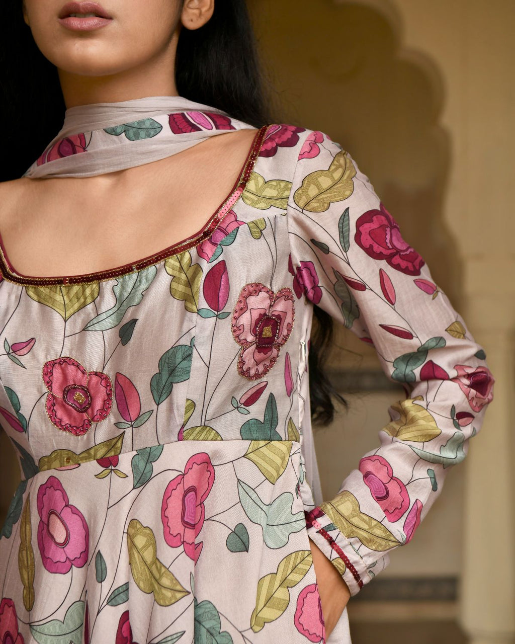 Grey Blooming Garden Kurta Set at Kamakhyaa by Taro. This item is Beads work, Best Selling, Chanderi Silk, Chiffon, Digital Print, Enchanted Garden, Evening Wear, Festive Wear, Fitted At Waist, Grey, Indian Wear, July Sale, July Sale 2023, Kurta Pant Sets, Kurta Set With Dupatta, Natural, Natural with azo free dyes, Sequin Work, Womenswear