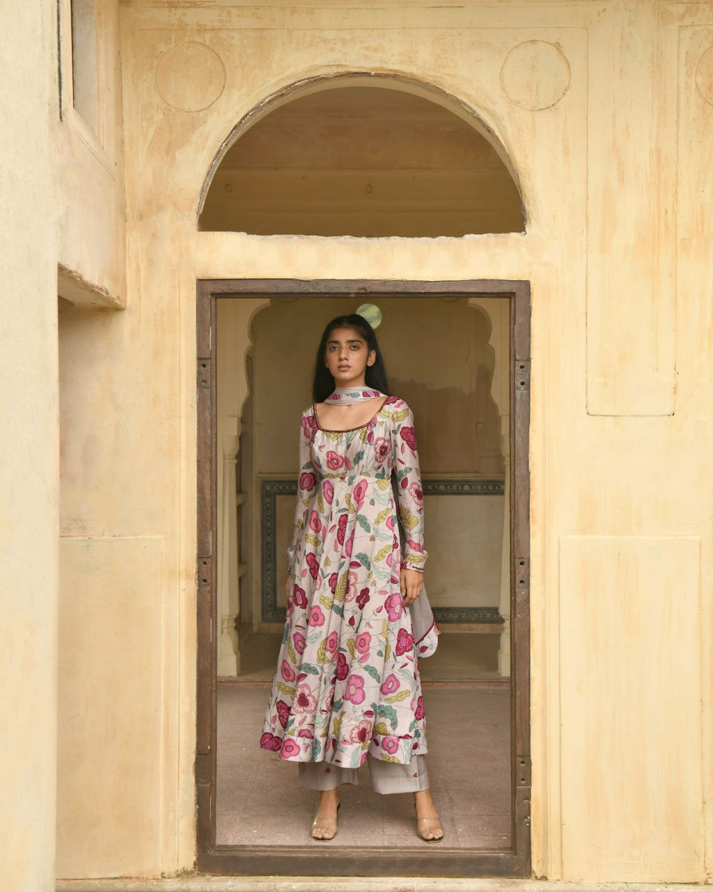 Grey Blooming Garden Kurta Set at Kamakhyaa by Taro. This item is Beads work, Best Selling, Chanderi Silk, Chiffon, Digital Print, Enchanted Garden, Evening Wear, Festive Wear, Fitted At Waist, Grey, Indian Wear, July Sale, July Sale 2023, Kurta Pant Sets, Kurta Set With Dupatta, Natural, Natural with azo free dyes, Sequin Work, Womenswear