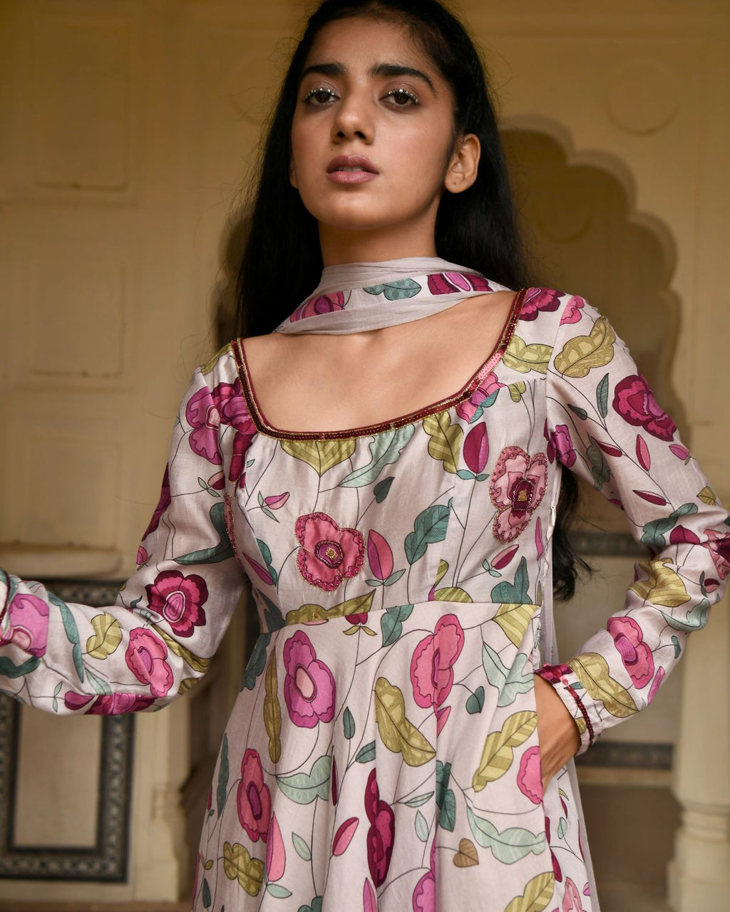 Grey Blooming Garden Kurta Set at Kamakhyaa by Taro. This item is Beads work, Best Selling, Chanderi Silk, Chiffon, Digital Print, Enchanted Garden, Evening Wear, Festive Wear, Fitted At Waist, Grey, Indian Wear, July Sale, July Sale 2023, Kurta Pant Sets, Kurta Set With Dupatta, Natural, Natural with azo free dyes, Sequin Work, Womenswear