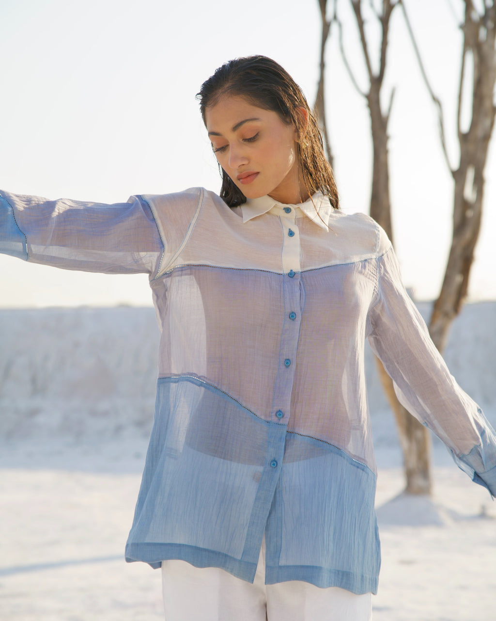 Grey Casual Co-ord Set at Kamakhyaa by The Loom Art. This item is Aurora SS24, Best Selling, Casual Wear, Chanderi Silk, Co-ord Sets, FB ADS JUNE, Grey, July Sale, July Sale 2023, Ombre & Dyes, Organic, Patchwork, Regular Fit, Travel, Travel Co-ords, Womenswear