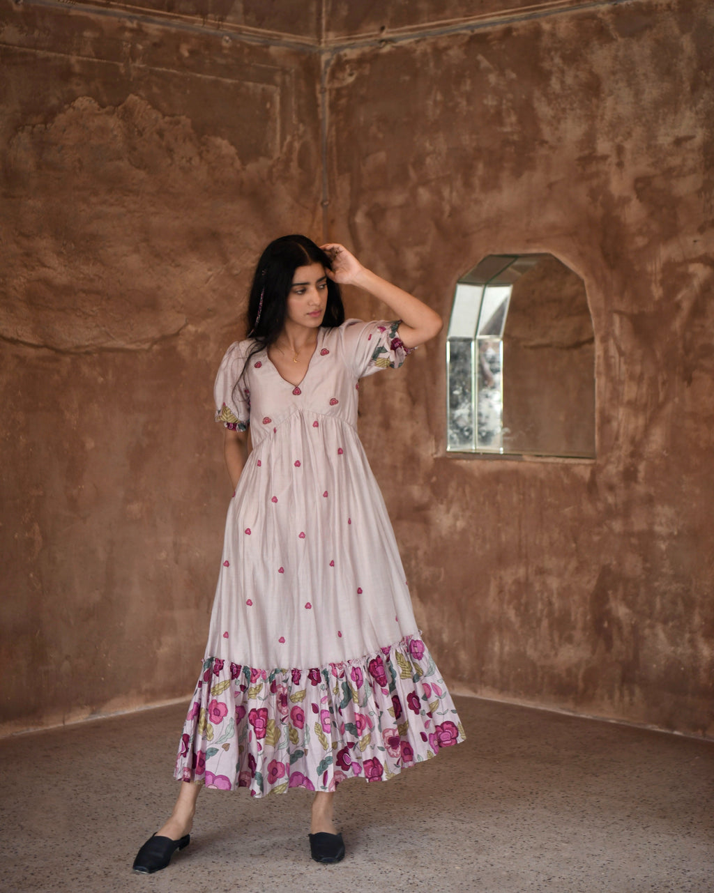 Blue Chanderi Silk Midi Dress at Kamakhyaa by Taro. This item is Azo Free Dyes, Beads, Beads work, Casual Wear, Chanderi Silk, Embroidered, Fitted At Bust, Garden Of Dreams, Grey, July Sale, July Sale 2023, Kurtas, Midi Dresses, Prints, Tiered Dresses, Womenswear