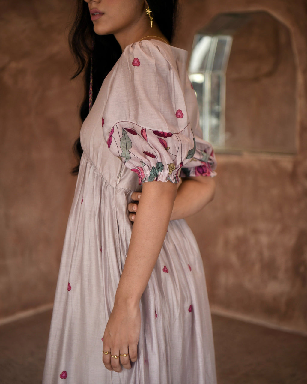 Blue Chanderi Silk Midi Dress at Kamakhyaa by Taro. This item is Azo Free Dyes, Beads, Beads work, Casual Wear, Chanderi Silk, Embroidered, Fitted At Bust, Garden Of Dreams, Grey, July Sale, July Sale 2023, Kurtas, Midi Dresses, Prints, Tiered Dresses, Womenswear