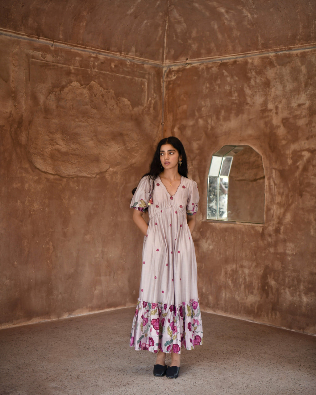 Blue Chanderi Silk Midi Dress at Kamakhyaa by Taro. This item is Azo Free Dyes, Beads, Beads work, Casual Wear, Chanderi Silk, Embroidered, Fitted At Bust, Garden Of Dreams, Grey, July Sale, July Sale 2023, Kurtas, Midi Dresses, Prints, Tiered Dresses, Womenswear