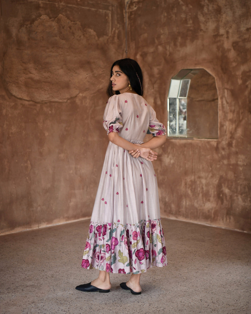 Blue Chanderi Silk Midi Dress at Kamakhyaa by Taro. This item is Azo Free Dyes, Beads, Beads work, Casual Wear, Chanderi Silk, Embroidered, Fitted At Bust, Garden Of Dreams, Grey, July Sale, July Sale 2023, Kurtas, Midi Dresses, Prints, Tiered Dresses, Womenswear