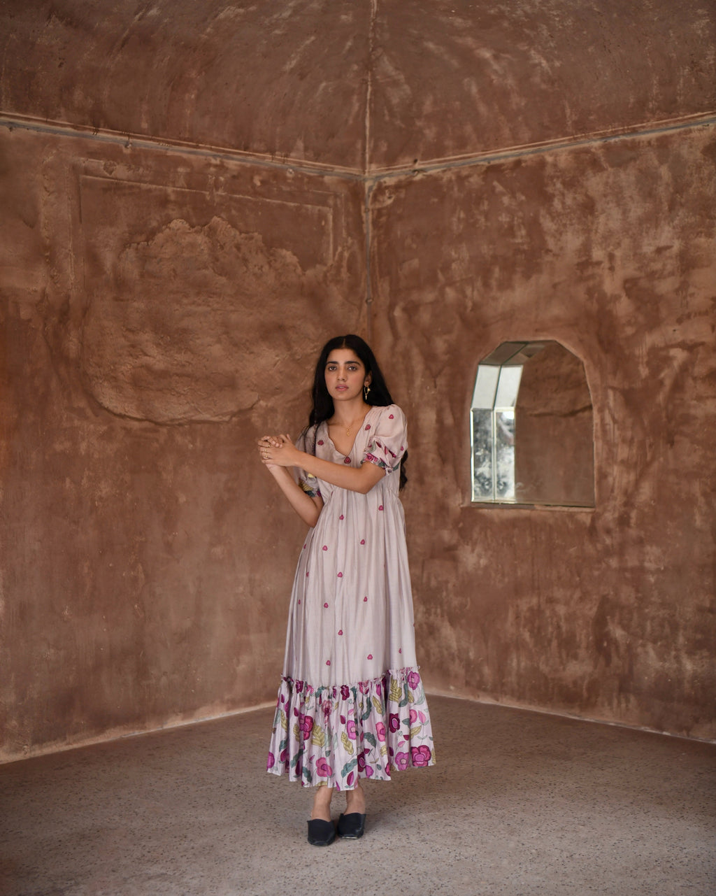 Blue Chanderi Silk Midi Dress at Kamakhyaa by Taro. This item is Azo Free Dyes, Beads, Beads work, Casual Wear, Chanderi Silk, Embroidered, Fitted At Bust, Garden Of Dreams, Grey, July Sale, July Sale 2023, Kurtas, Midi Dresses, Prints, Tiered Dresses, Womenswear