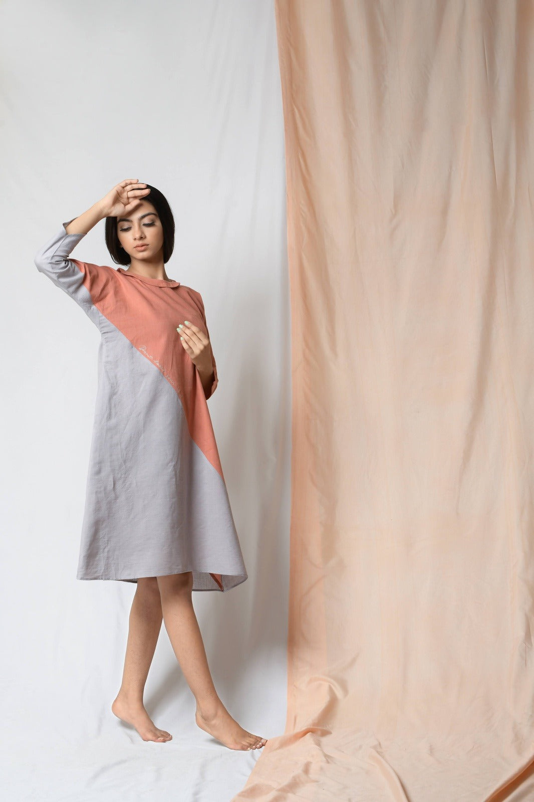 Grey Cotton Khadi Midi Dress at Kamakhyaa by Niraa. This item is Cotton khadi, Evening Wear, Grey, Midi Dresses, Natural with azo dyes, Relaxed Fit, Solids, Tales of rippling brooks, Womenswear