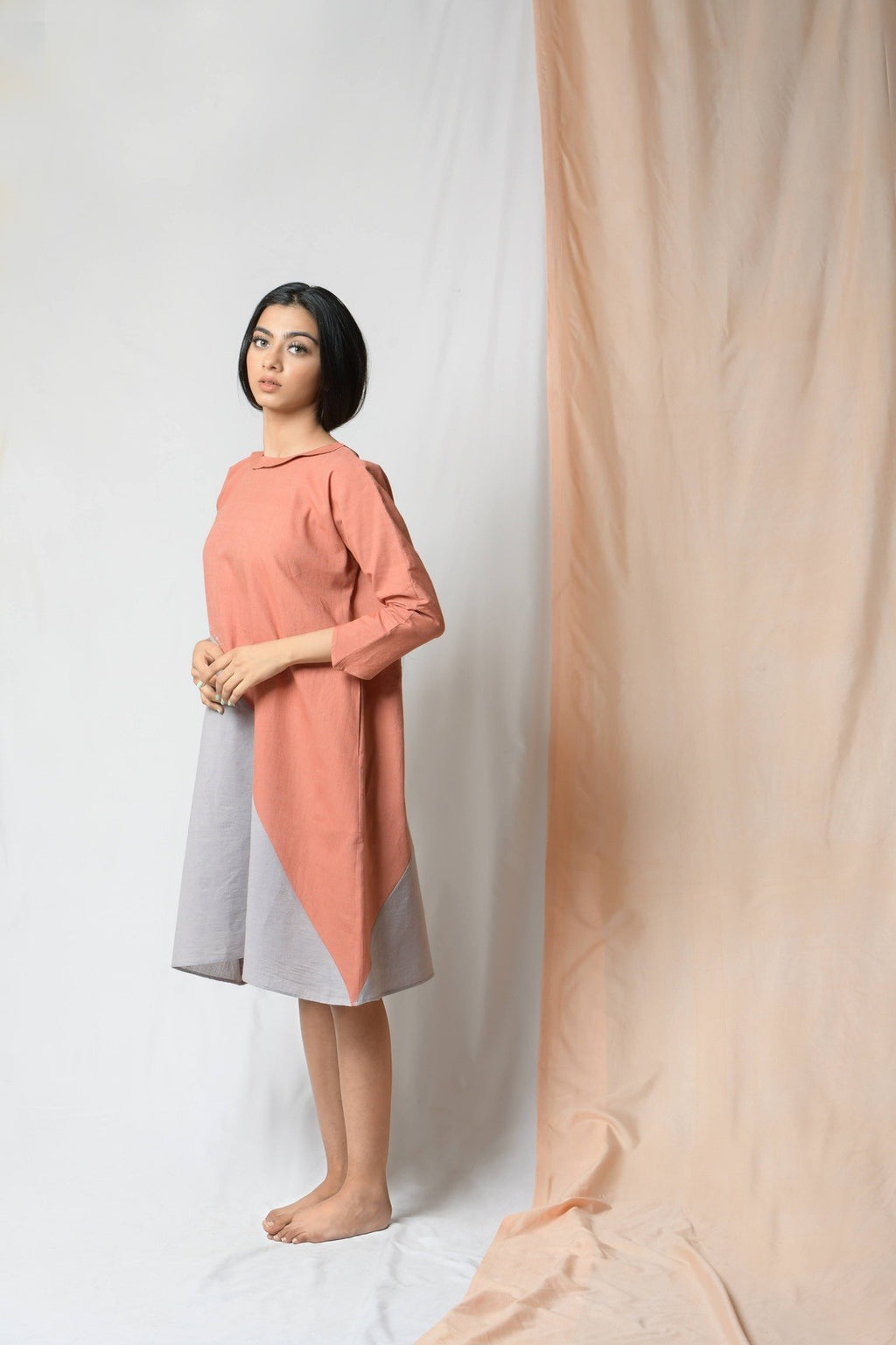 Grey Cotton Khadi Midi Dress at Kamakhyaa by Niraa. This item is Cotton khadi, Evening Wear, Grey, Midi Dresses, Natural with azo dyes, Relaxed Fit, Solids, Tales of rippling brooks, Womenswear