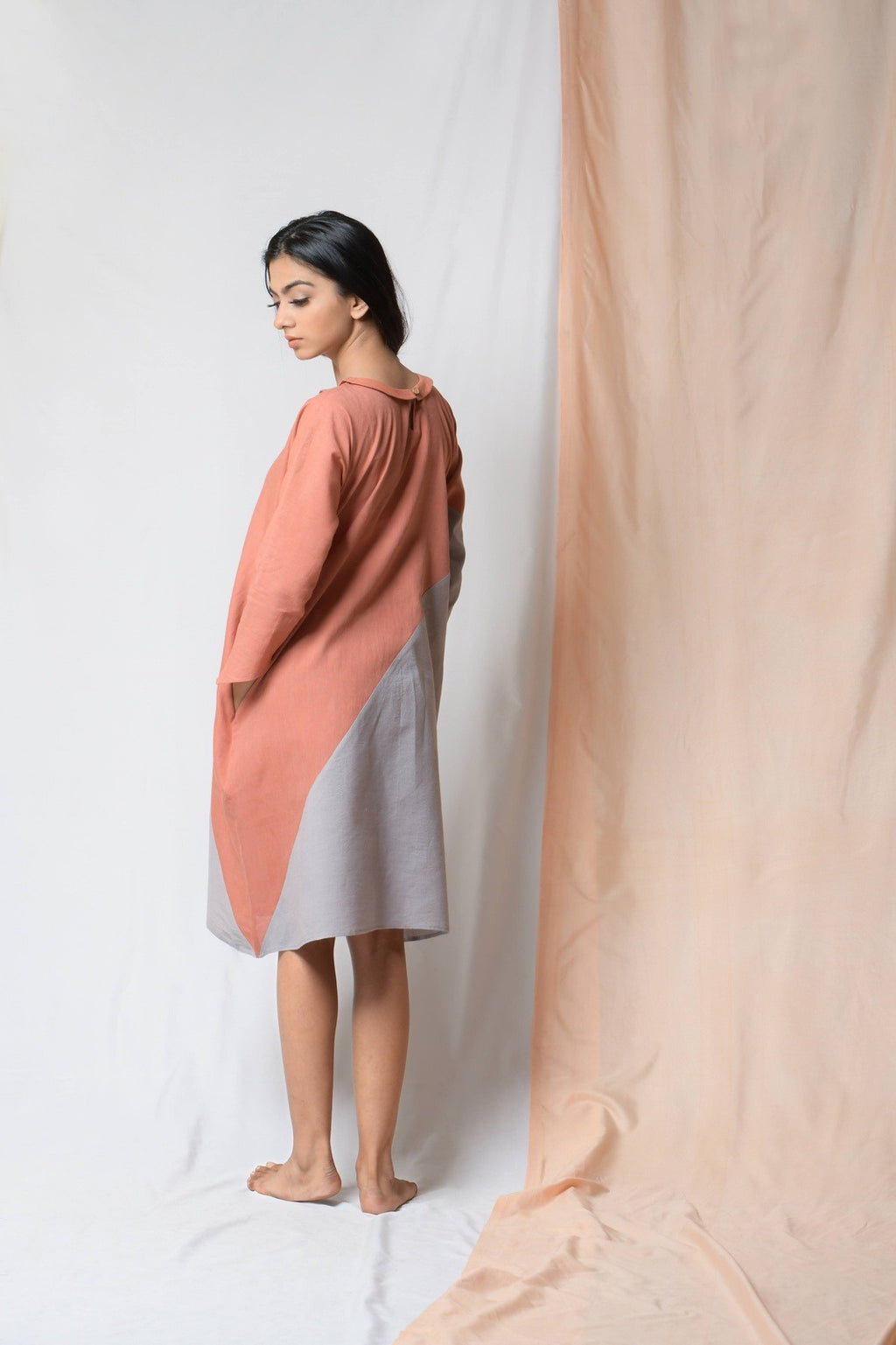 Grey Cotton Khadi Midi Dress at Kamakhyaa by Niraa. This item is Cotton khadi, Evening Wear, Grey, Midi Dresses, Natural with azo dyes, Relaxed Fit, Solids, Tales of rippling brooks, Womenswear