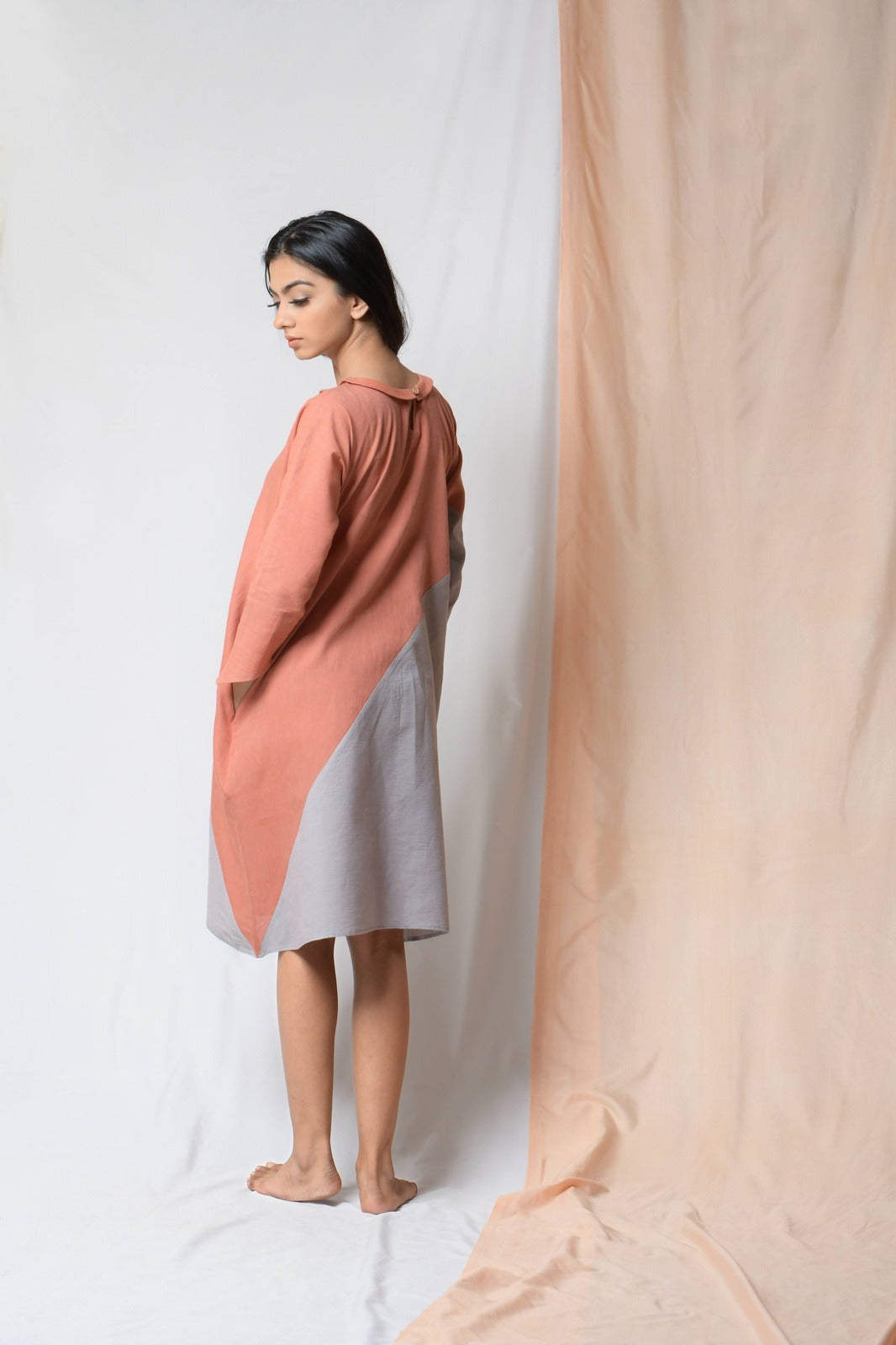 Grey Cotton Khadi Midi Dress at Kamakhyaa by Niraa. This item is Cotton khadi, Evening Wear, Grey, Midi Dresses, Natural with azo dyes, Relaxed Fit, Solids, Tales of rippling brooks, Womenswear