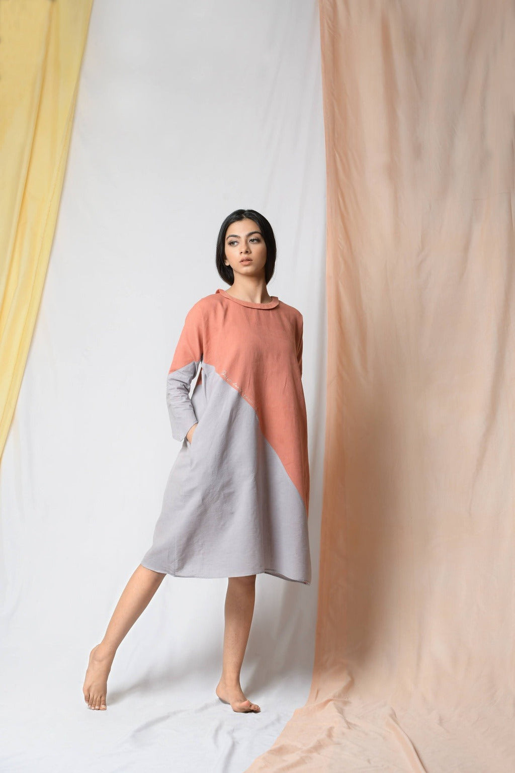 Grey Cotton Khadi Midi Dress at Kamakhyaa by Niraa. This item is Cotton khadi, Evening Wear, Grey, Midi Dresses, Natural with azo dyes, Relaxed Fit, Solids, Tales of rippling brooks, Womenswear