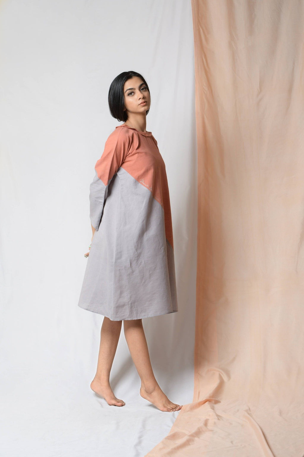 Grey Cotton Khadi Midi Dress at Kamakhyaa by Niraa. This item is Cotton khadi, Evening Wear, Grey, Midi Dresses, Natural with azo dyes, Relaxed Fit, Solids, Tales of rippling brooks, Womenswear