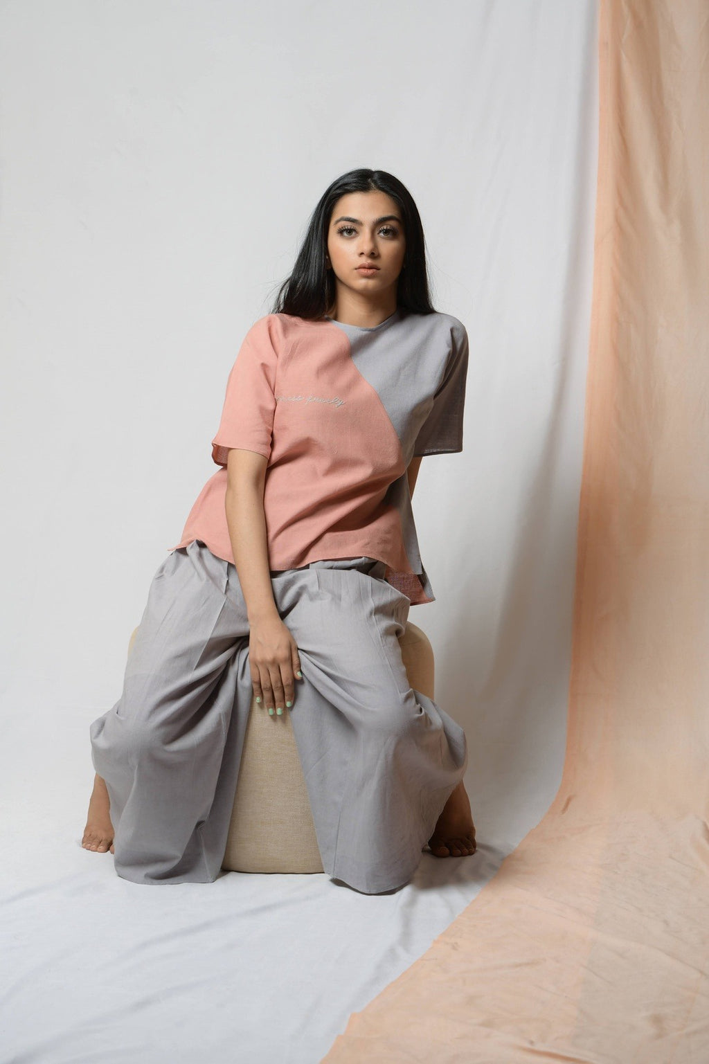 Grey Cotton Khadi Pants at Kamakhyaa by Niraa. This item is Casual Wear, Cotton khadi, Grey, Natural with azo dyes, Palazzo Pants, Relaxed Fit, Solids, Tales of rippling brooks, Womenswear