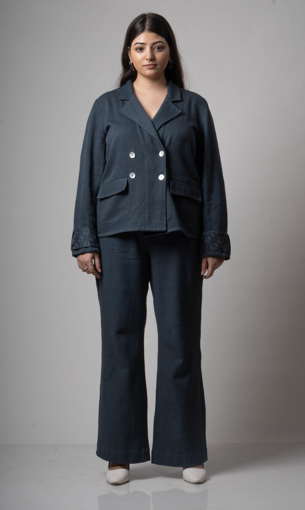 Grey Double Breasted Cotton Jacket at Kamakhyaa by Lafaani. This item is Blazers, Casual Wear, Cotton, Grey, Natural, Regular Fit, Solids, Womenswear