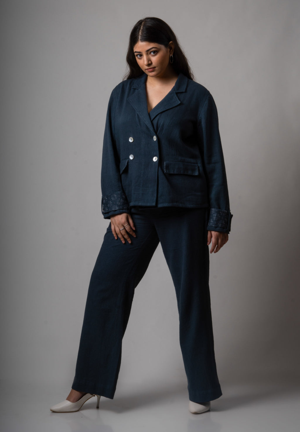 Grey Double Breasted Cotton Jacket at Kamakhyaa by Lafaani. This item is Blazers, Casual Wear, Cotton, Grey, Natural, Regular Fit, Solids, Womenswear