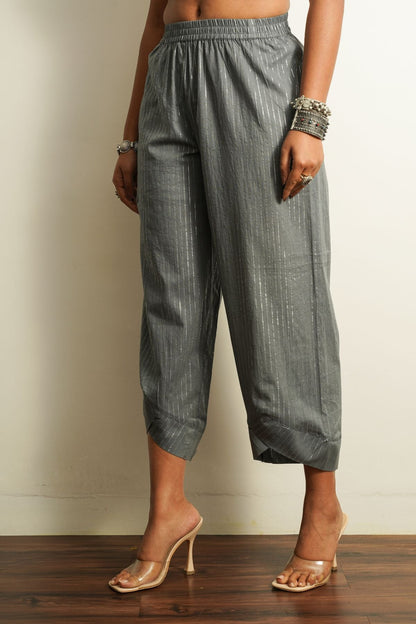 Grey Embellished Cotton Pant at Kamakhyaa by Keva. This item is 100% cotton, Best Selling, Capris, Fusion Wear, Grey, Less than $50, Natural, New, Products less than $25, Relaxed Fit, Saba, Solids, Womenswear