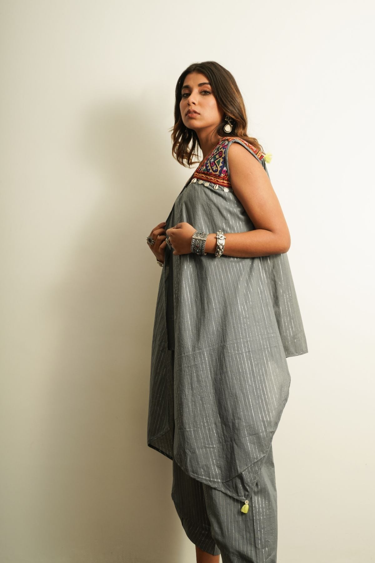 Grey Embellished Cotton Shrug at Kamakhyaa by Keva. This item is 100% cotton, Best Selling, Cape, Fusion Wear, Grey, Less than $50, Natural, New, Relaxed Fit, Saba, Shrugs, Solids, Womenswear