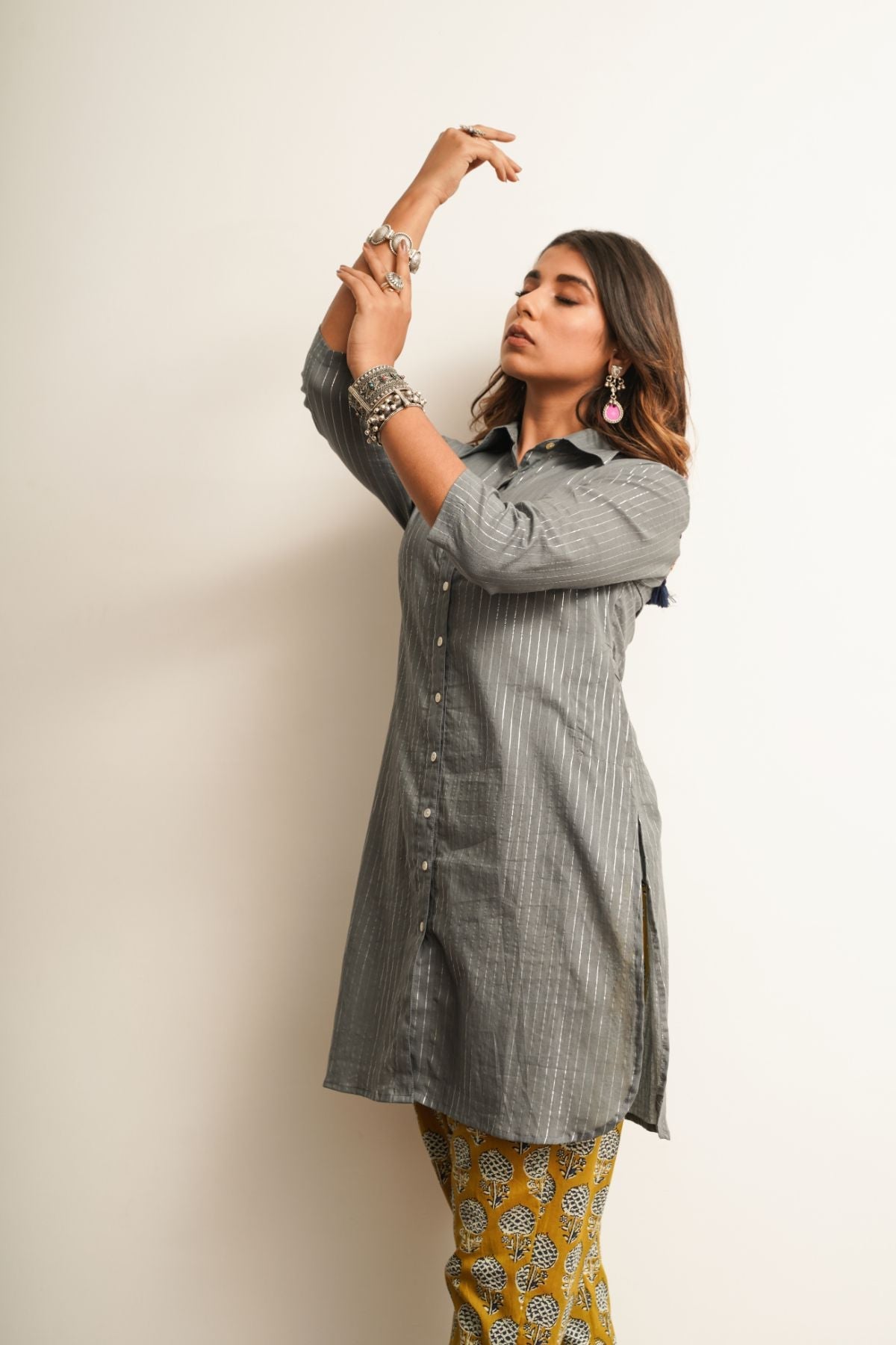 Grey Embroidered Cotton Shirt at Kamakhyaa by Keva. This item is 100% cotton, Best Selling, Fusion Wear, Grey, Less than $50, Natural, New, Prints, Regular Fit, Saba, Shirts, Tops, Womenswear