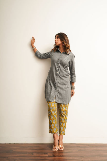Grey Embroidered Cotton Shirt at Kamakhyaa by Keva. This item is 100% cotton, Best Selling, Fusion Wear, Grey, Less than $50, Natural, New, Prints, Regular Fit, Saba, Shirts, Tops, Womenswear