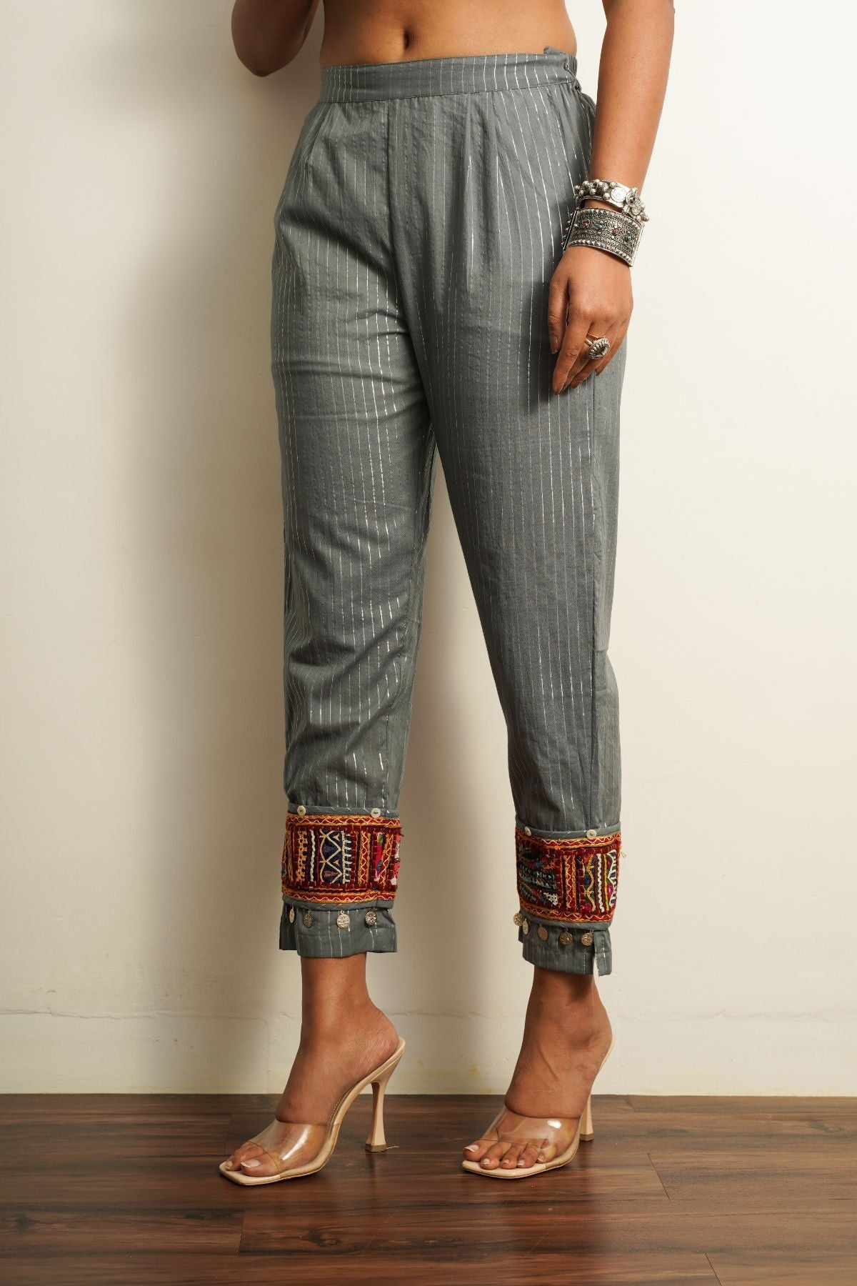 Grey Embroidered Cotton Straight Pant