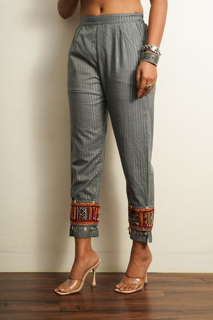 Grey Embroidered Cotton Straight Pant at Kamakhyaa by Keva. This item is 100% cotton, Best Selling, Capris, Fusion Wear, Grey, Less than $50, Natural, New, Prints, Relaxed Fit, Saba, Womenswear
