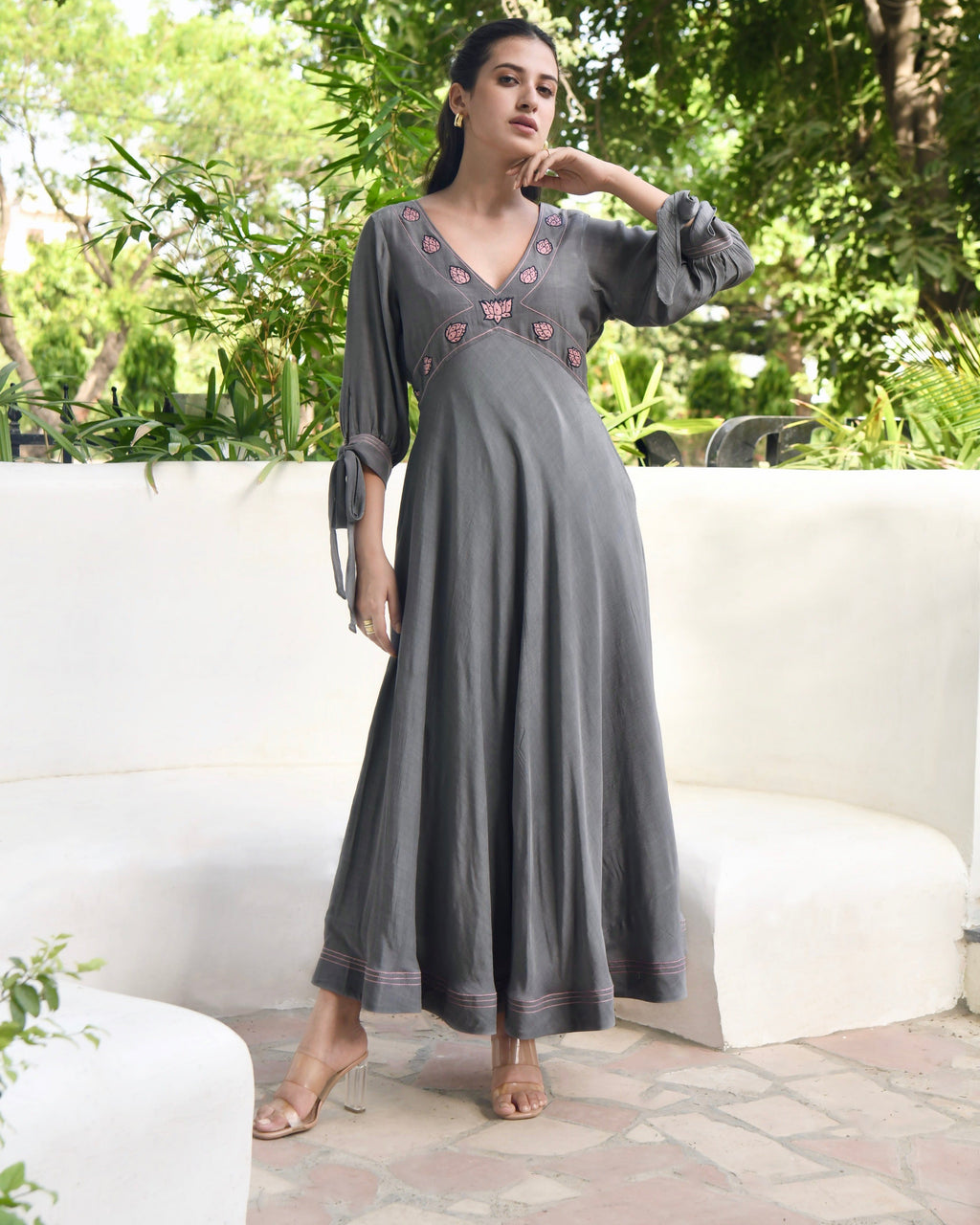 Grey Embroidered Silk Maxi Dress at Kamakhyaa by Taro. This item is Bangalore Silk, Dusk To Dawn, Embroidered, Evening Wear, Grey, July Sale, July Sale 2023, Maxi Dresses, Natural, Regular Fit, Silk, Womenswear