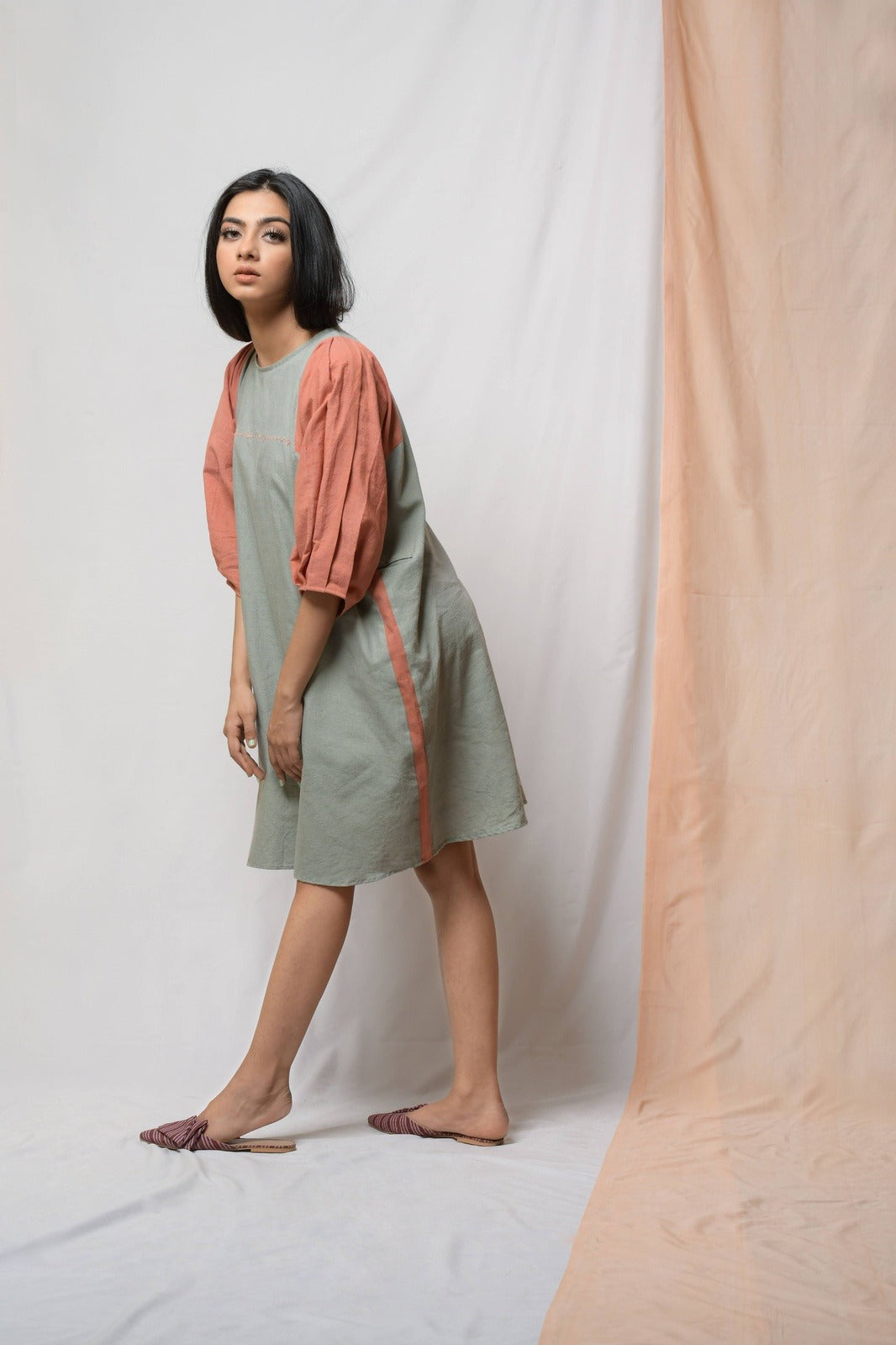 Grey Grace In Dignity Midi Dress at Kamakhyaa by Niraa. This item is Casual Wear, Cotton khadi, Grey, Midi Dresses, Natural with azo dyes, Relaxed Fit, Solids, Tales of rippling brooks, Womenswear