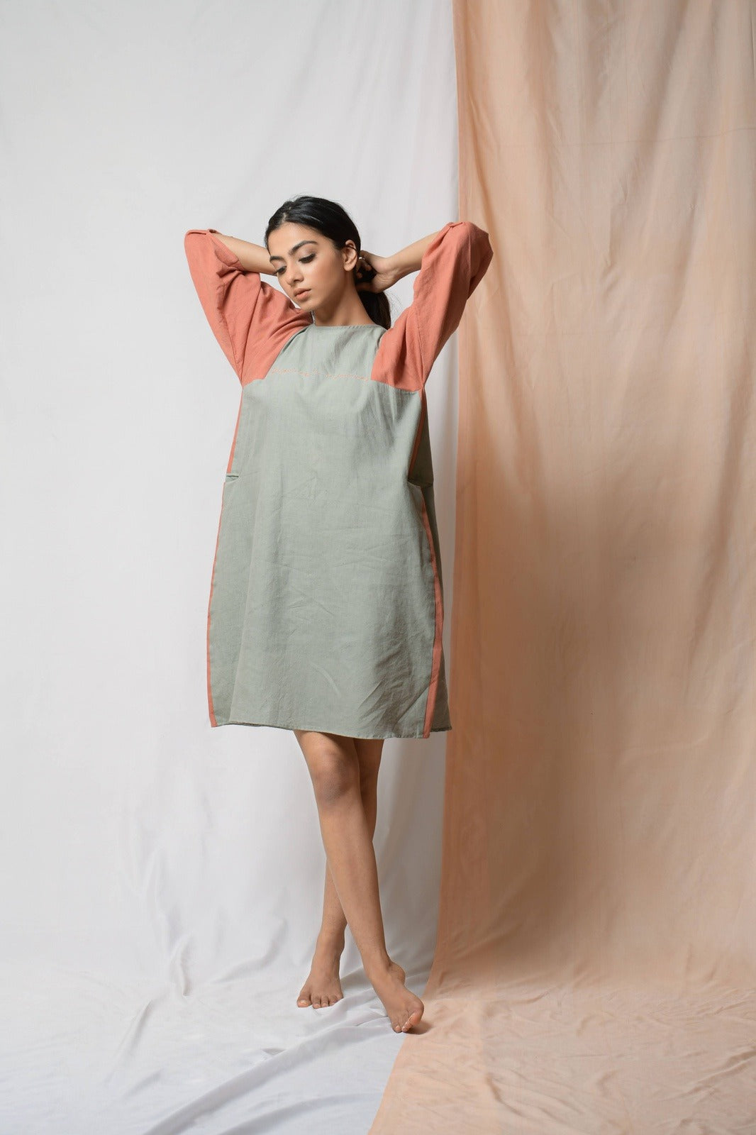 Grey Grace In Dignity Midi Dress at Kamakhyaa by Niraa. This item is Casual Wear, Cotton khadi, Grey, Midi Dresses, Natural with azo dyes, Relaxed Fit, Solids, Tales of rippling brooks, Womenswear