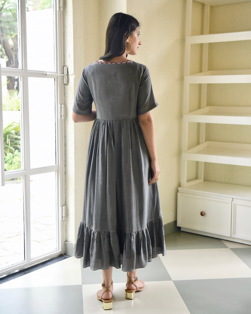 Grey Midi Dress at Kamakhyaa by Taro. This item is Bangalore Silk, Dusk To Dawn, Embroidered, Evening Wear, Grey, July Sale, July Sale 2023, Midi Dresses, Natural, Regular Fit, Silk, Tiered Dresses, Womenswear