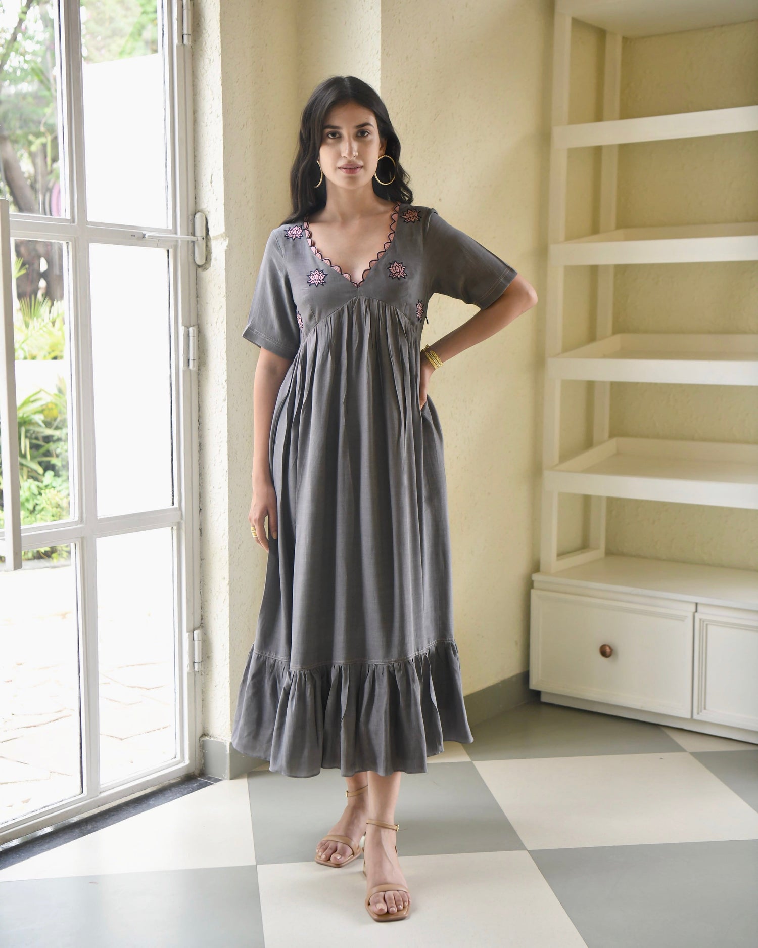 Grey Midi Dress at Kamakhyaa by Taro. This item is Bangalore Silk, Dusk To Dawn, Embroidered, Evening Wear, Grey, July Sale, July Sale 2023, Midi Dresses, Natural, Regular Fit, Silk, Tiered Dresses, Womenswear